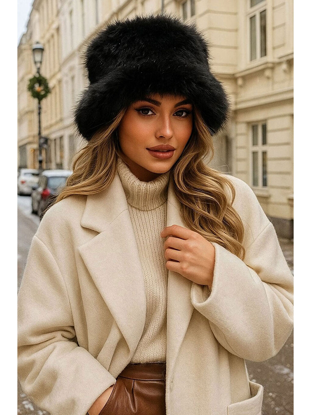 Kadın Pelüş Kalpak Şapka 010194 - Siyah-1