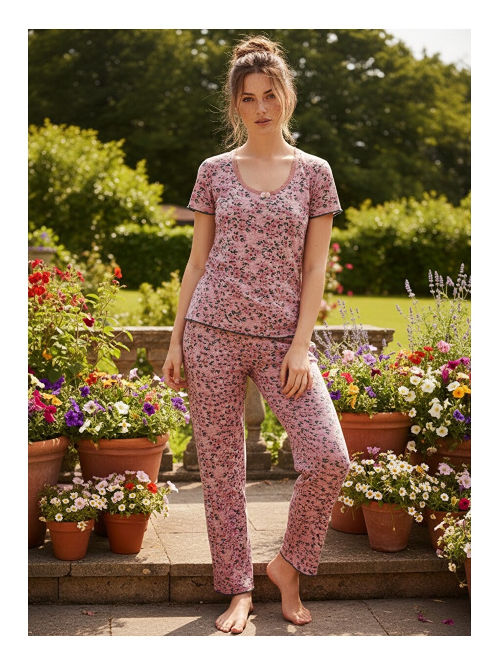 Pembe Dantelli Fitilli Kaşkorse Örme Pijama Takım 26120552-1