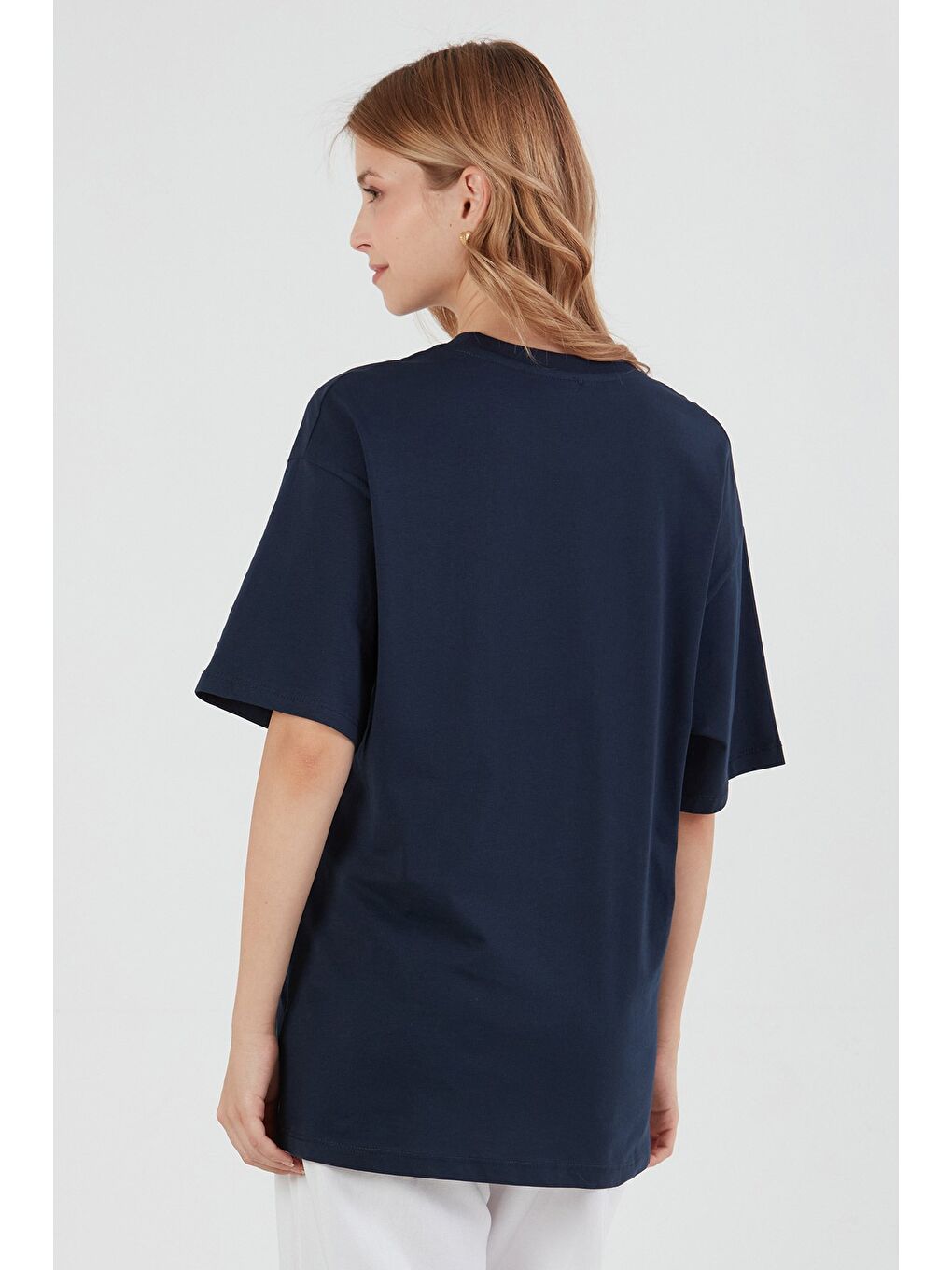 Lacivert Leopar Ve Kalp Baskılı Oversize Tişört-2