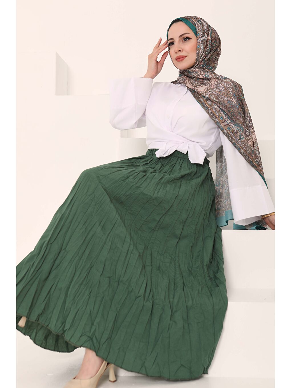 Beli Lastikli Kırışık Etek Haki - 27013