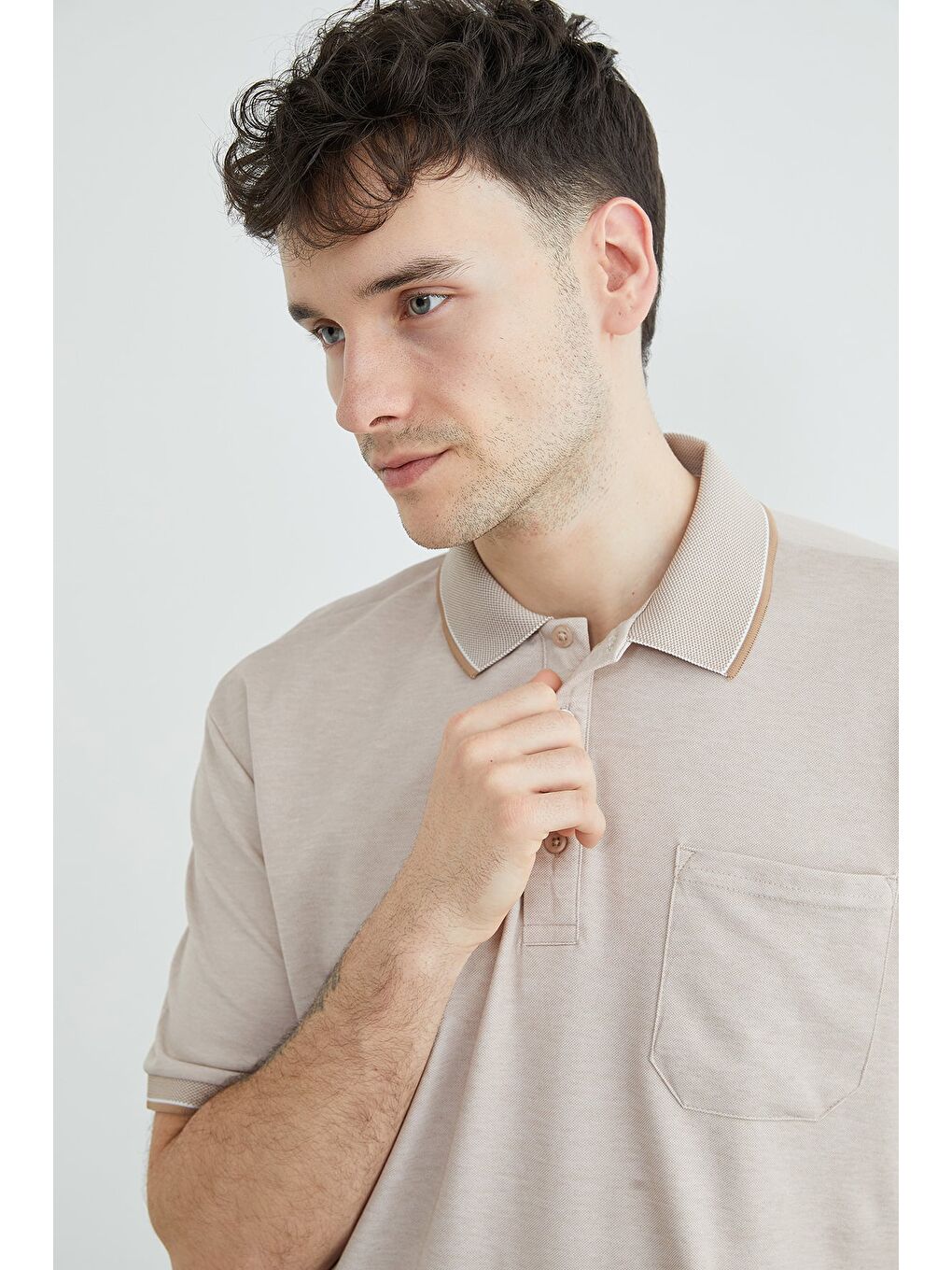 Bej Tek Cepli Polo Yaka Tişört-4