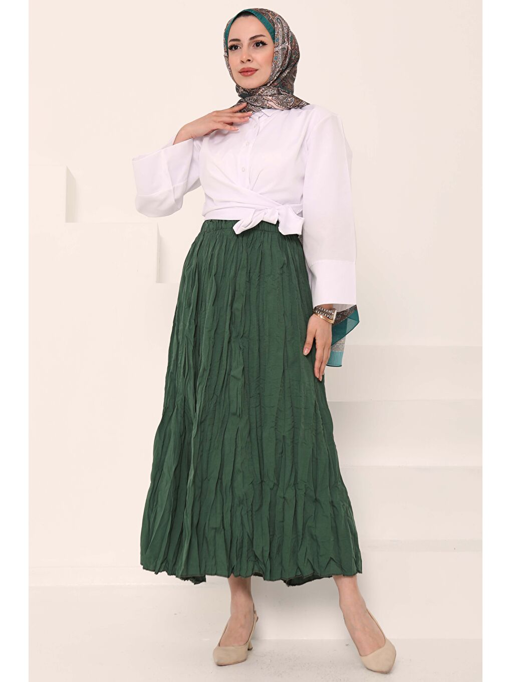 Beli Lastikli Kırışık Etek Haki - 27013-1