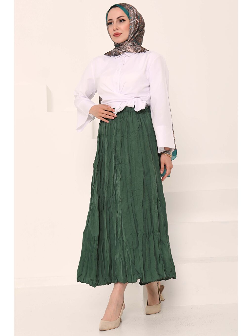 Beli Lastikli Kırışık Etek Haki - 27013-2