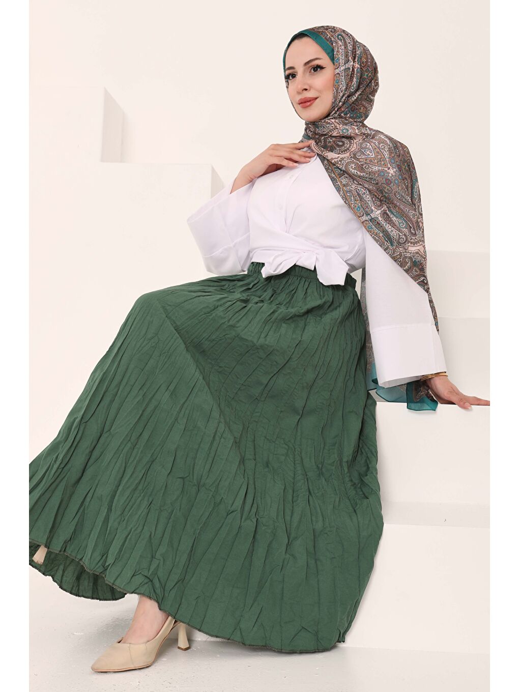 Beli Lastikli Kırışık Etek Haki - 27013-3