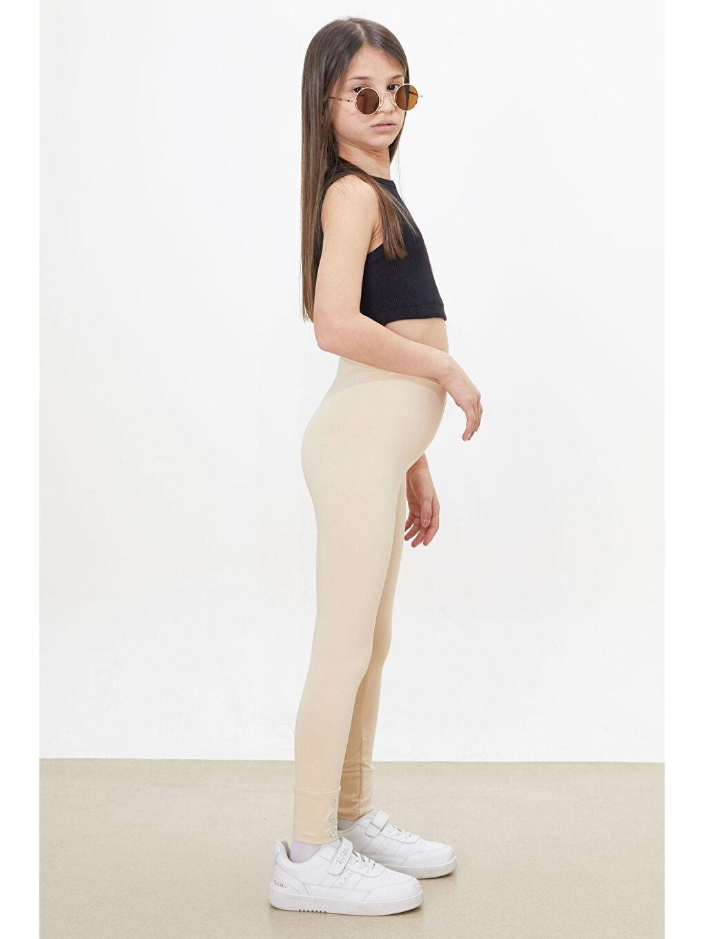 Kız Çocuk Paçası Düğme Detaylı 2'li Düz Tayt Siyah-Krem