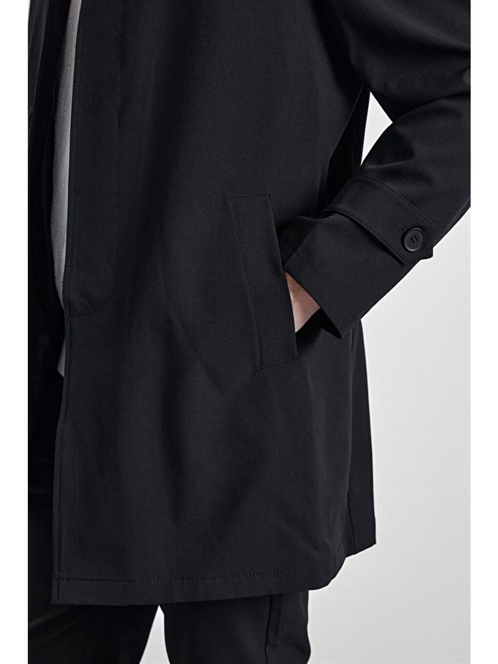 Siyah Slim Bebe Yaka Düz Yan Cepli Düğmeli Dolgusuz Standart Mont-6