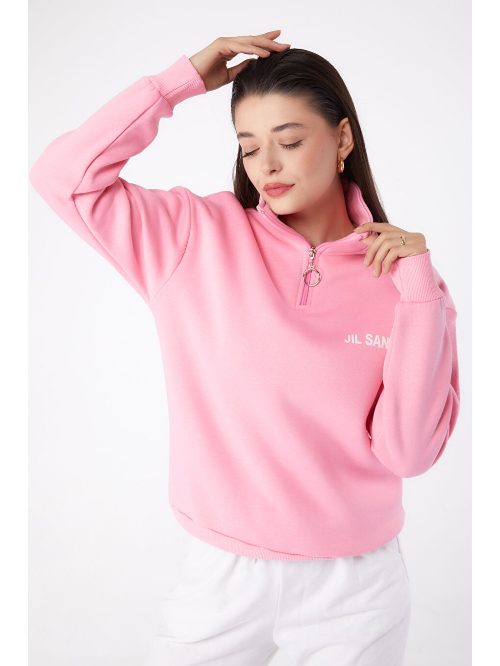 TOFİSA Düz Yarım Balıkçı Yaka Kadın Pembe Fermuarlı Sweatshirt - 26368