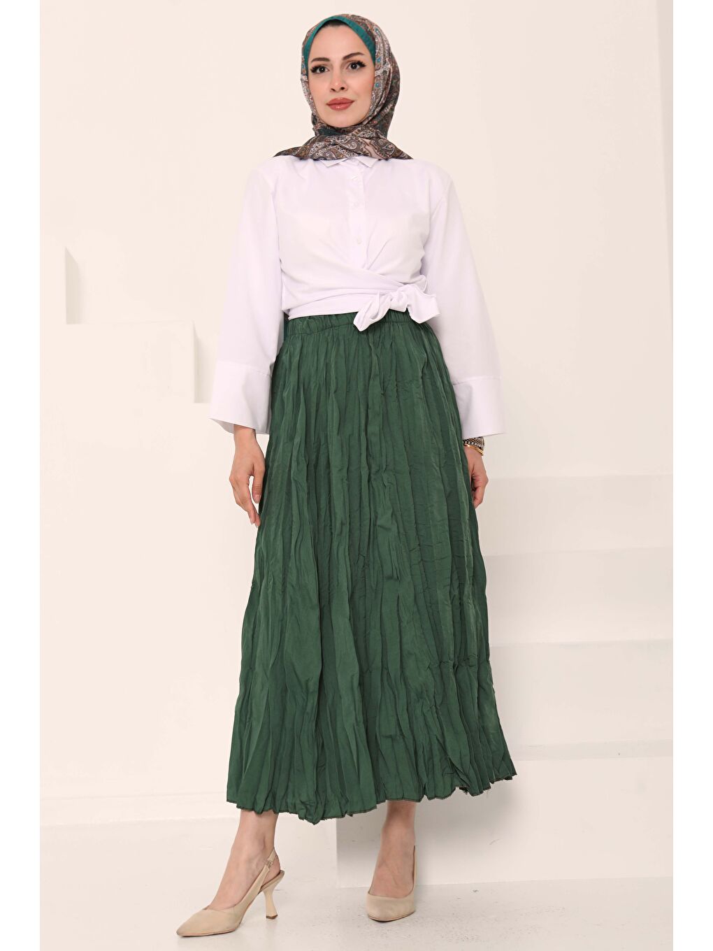 Beli Lastikli Kırışık Etek Haki - 27013-4