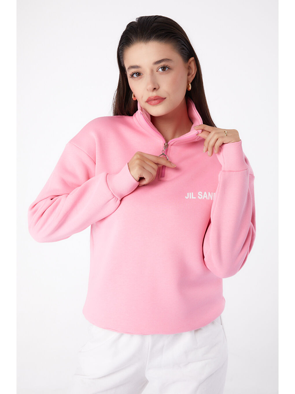 TOFİSA Düz Yarım Balıkçı Yaka Kadın Pembe Fermuarlı Sweatshirt - 26368 - 1