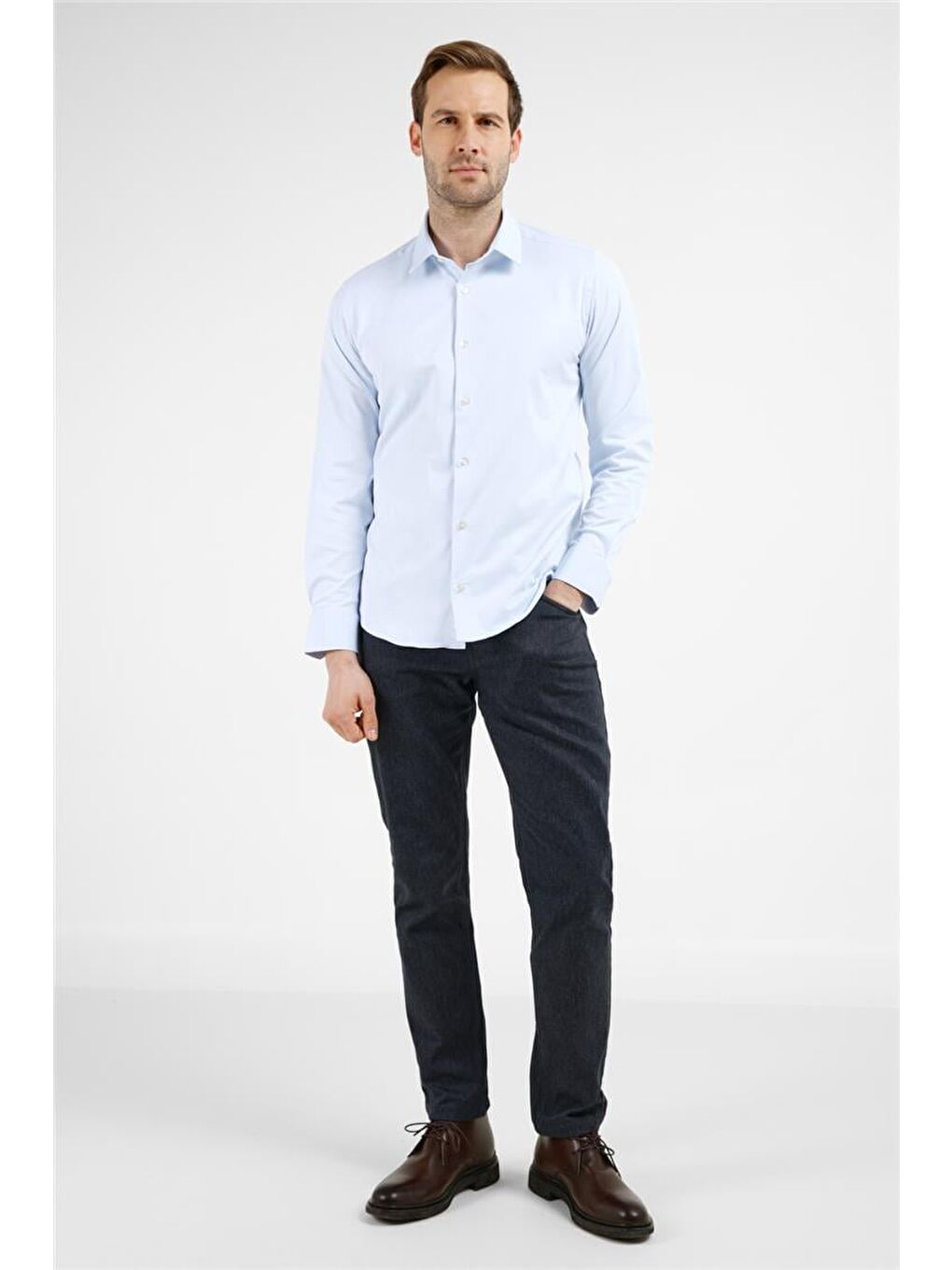 Mavi Sert Yaka Uzun Kol Cepsiz Slim Fit Pamuklu Gömlek 1004255228-1