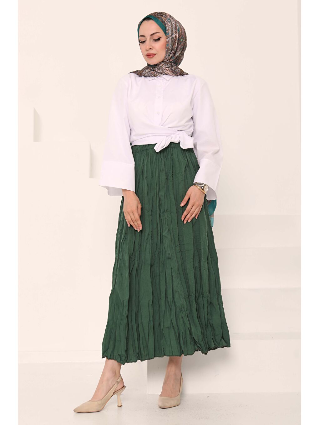 Beli Lastikli Kırışık Etek Haki - 27013-5