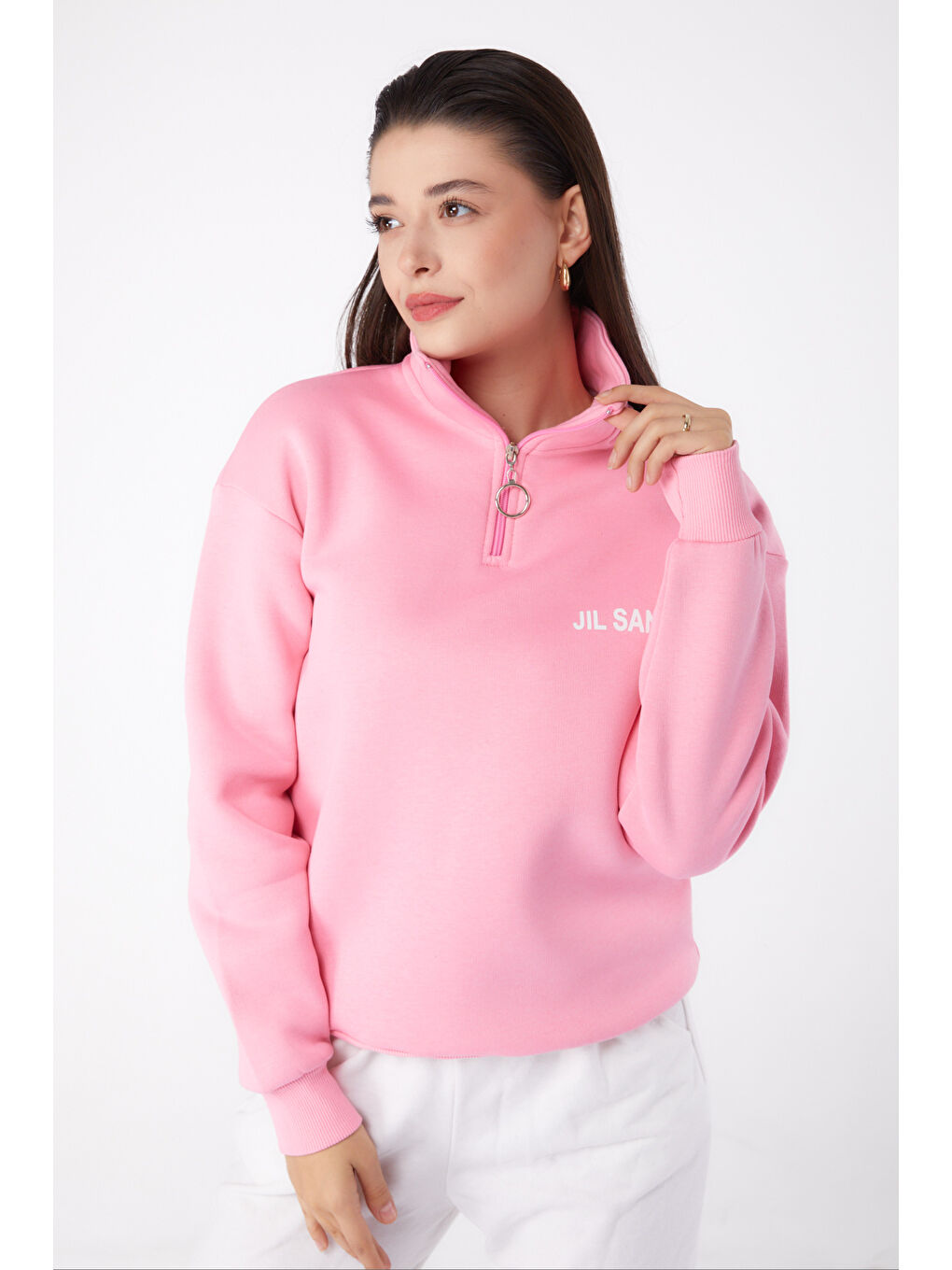 TOFİSA Düz Yarım Balıkçı Yaka Kadın Pembe Fermuarlı Sweatshirt - 26368 - 2