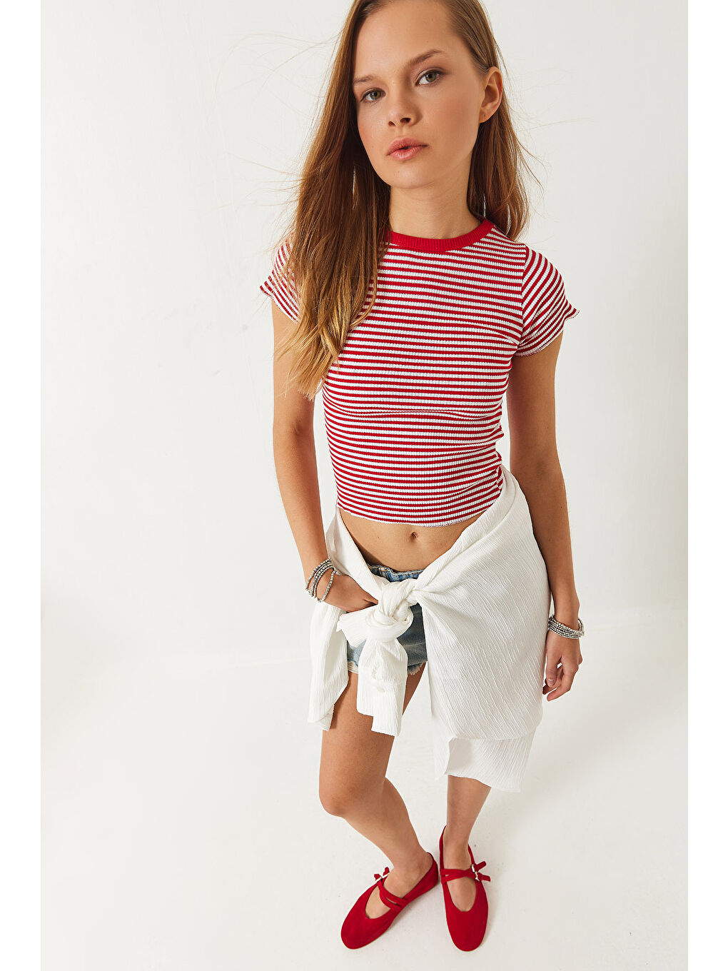 Kırmızı Kadın Çizgili Fitilli Kaşkorse Basic T-Shirt