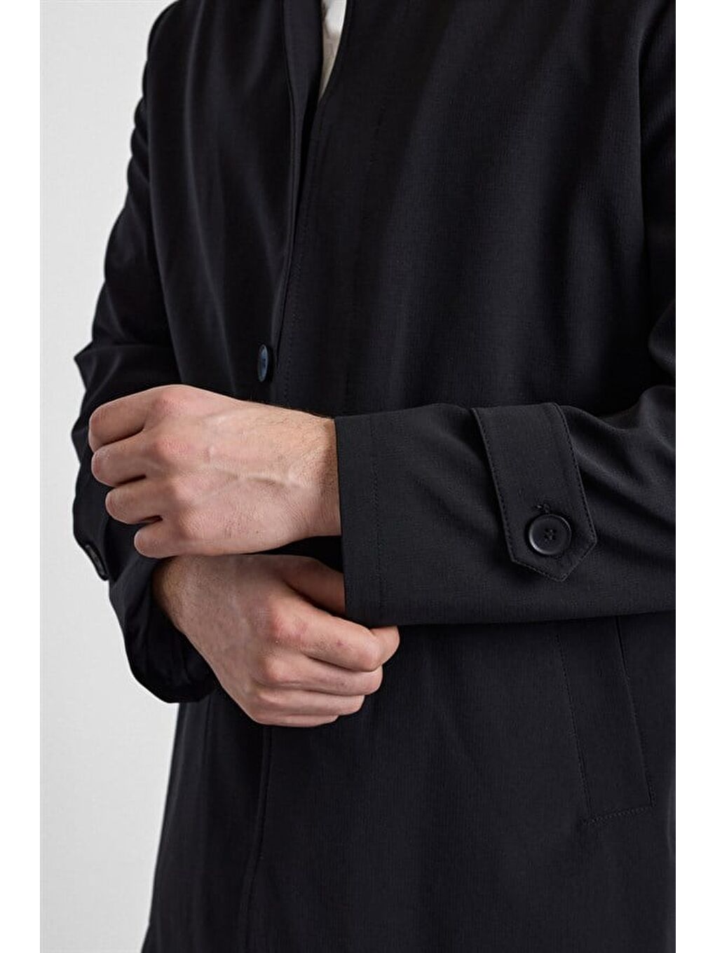 Siyah Slim Bebe Yaka Düz Yan Cepli Düğmeli Dolgusuz Standart Mont-7