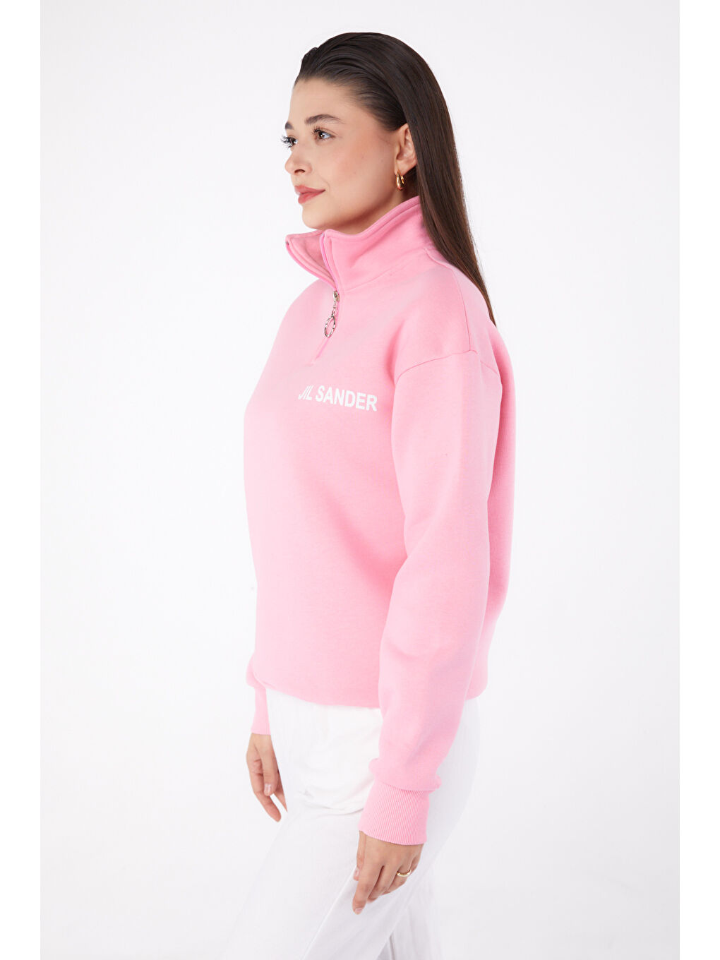 TOFİSA Düz Yarım Balıkçı Yaka Kadın Pembe Fermuarlı Sweatshirt - 26368 - 3