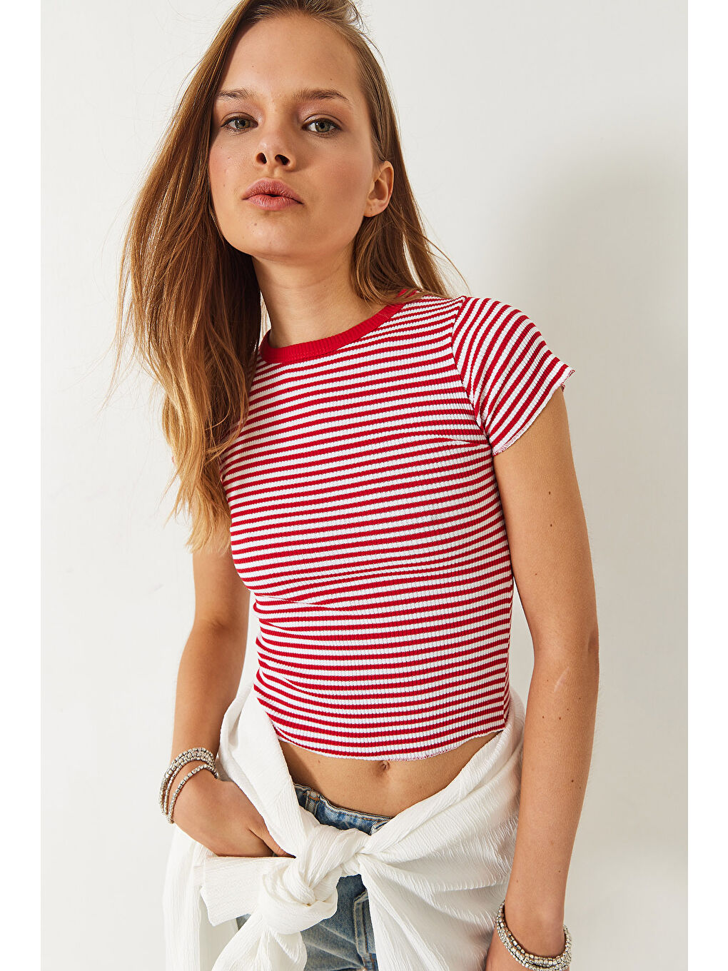 Kırmızı Kadın Çizgili Fitilli Kaşkorse Basic T-Shirt-1