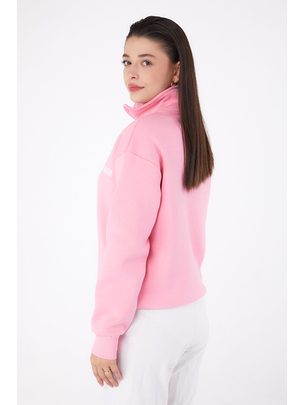 TOFİSA Düz Yarım Balıkçı Yaka Kadın Pembe Fermuarlı Sweatshirt - 26368 - 4