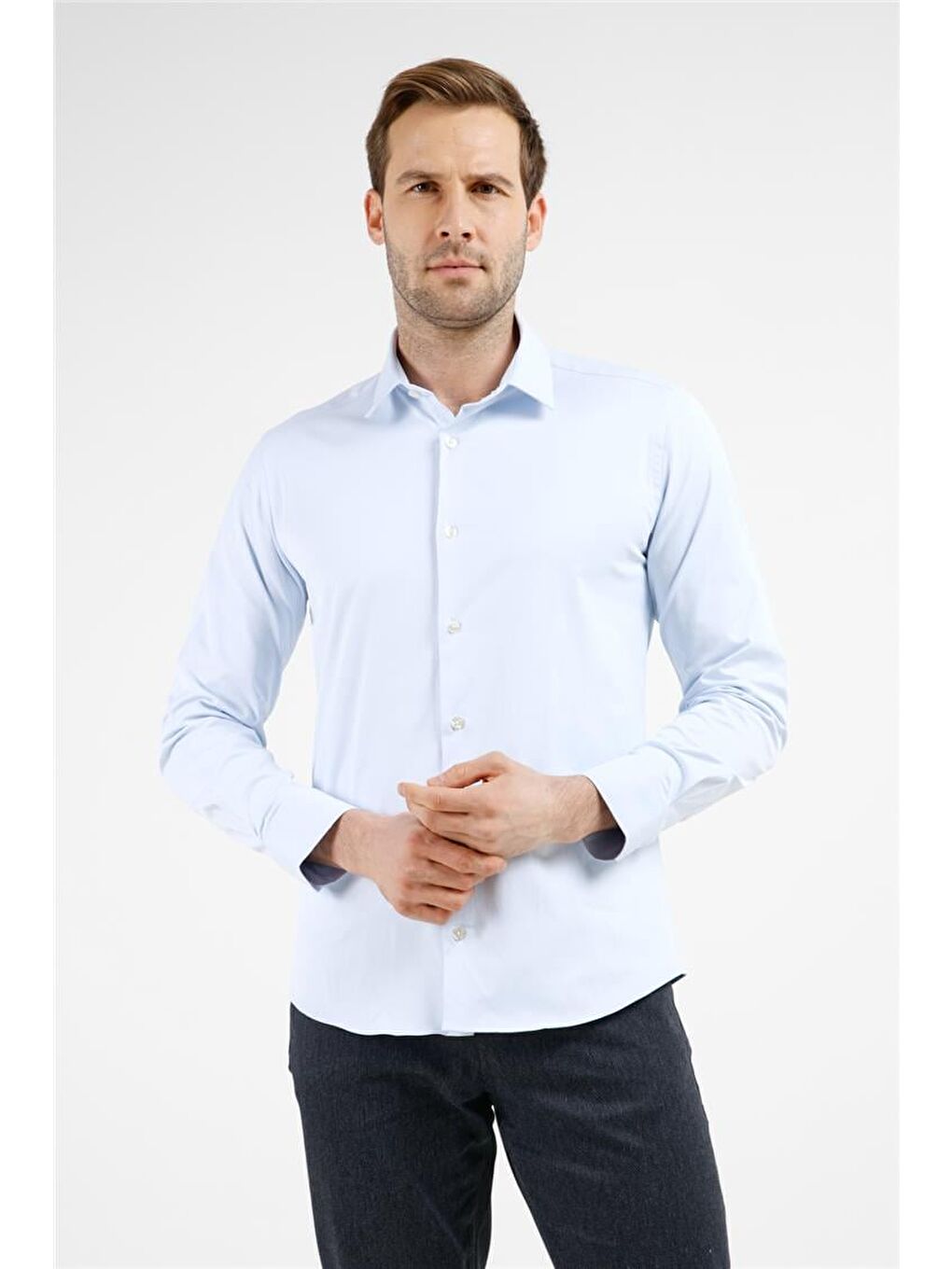 Mavi Sert Yaka Uzun Kol Cepsiz Slim Fit Pamuklu Gömlek 1004255228-2