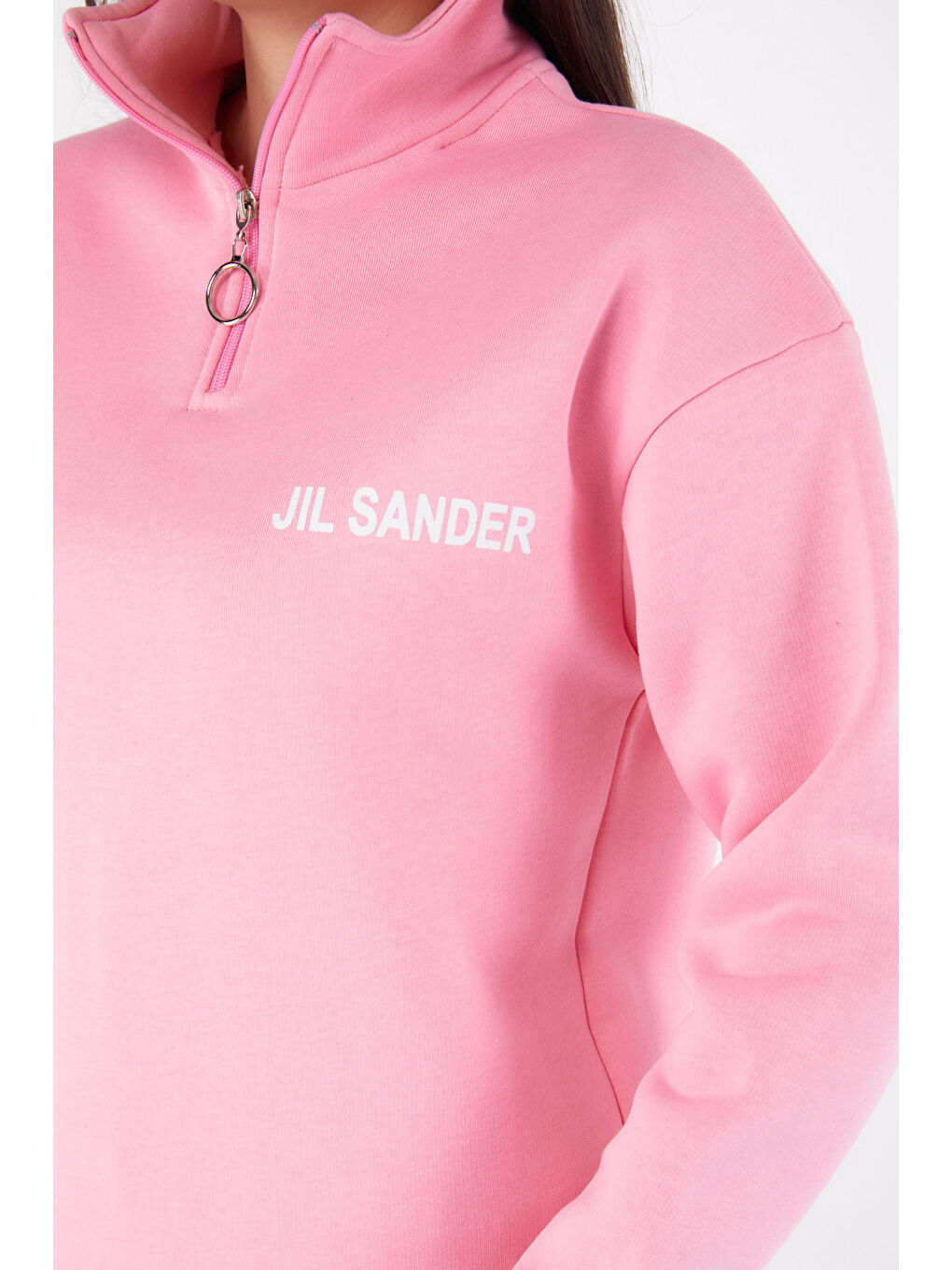 TOFİSA Düz Yarım Balıkçı Yaka Kadın Pembe Fermuarlı Sweatshirt - 26368 - 5