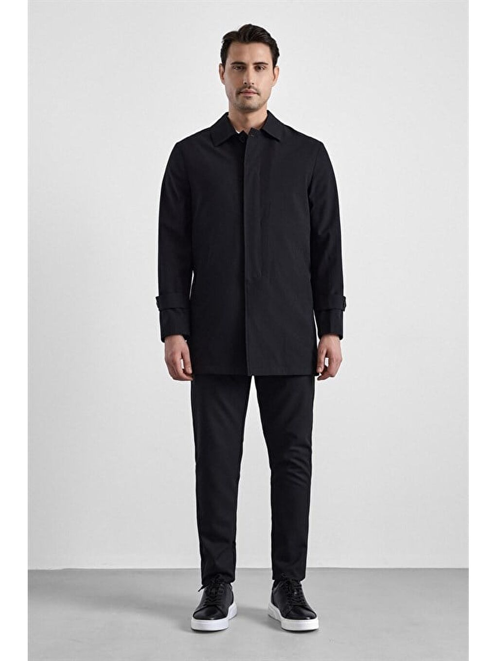 Siyah Slim Bebe Yaka Düz Yan Cepli Düğmeli Dolgusuz Standart Mont-8