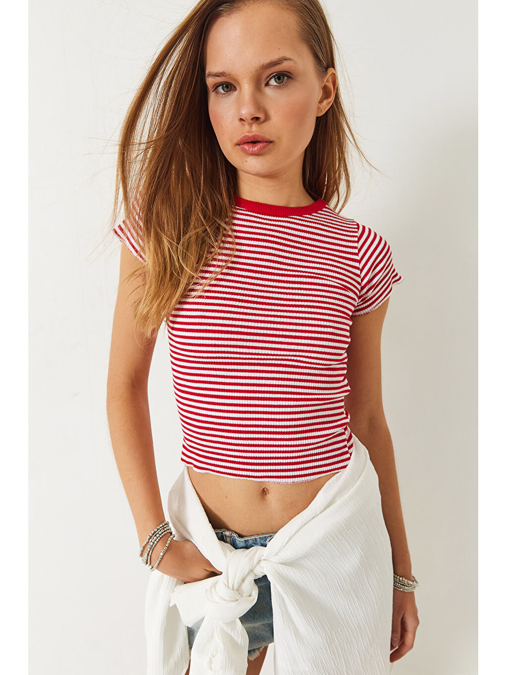 Kırmızı Kadın Çizgili Fitilli Kaşkorse Basic T-Shirt-3