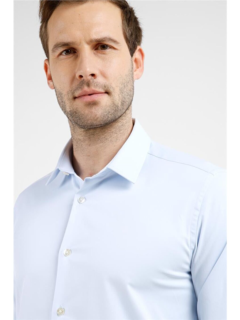 Mavi Sert Yaka Uzun Kol Cepsiz Slim Fit Pamuklu Gömlek 1004255228-3