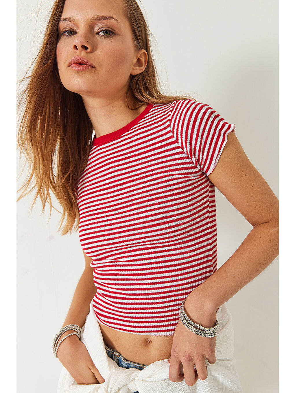 Kırmızı Kadın Çizgili Fitilli Kaşkorse Basic T-Shirt-4