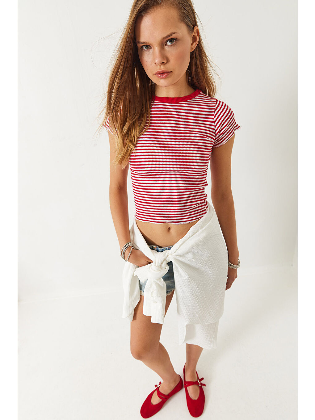 Kırmızı Kadın Çizgili Fitilli Kaşkorse Basic T-Shirt-5