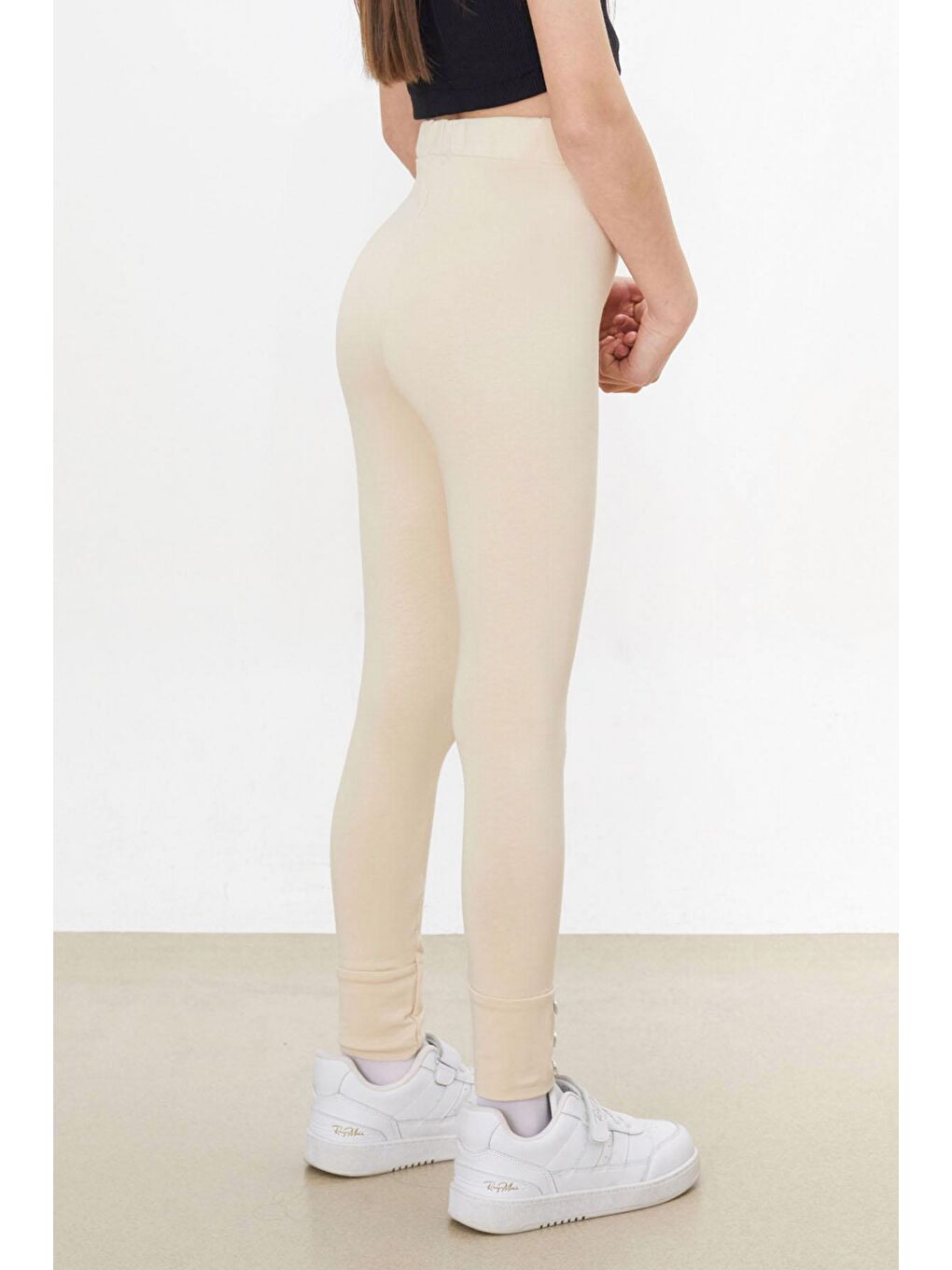 Kız Çocuk Paçası Düğme Detaylı 2'li Düz Tayt Siyah-Krem-2