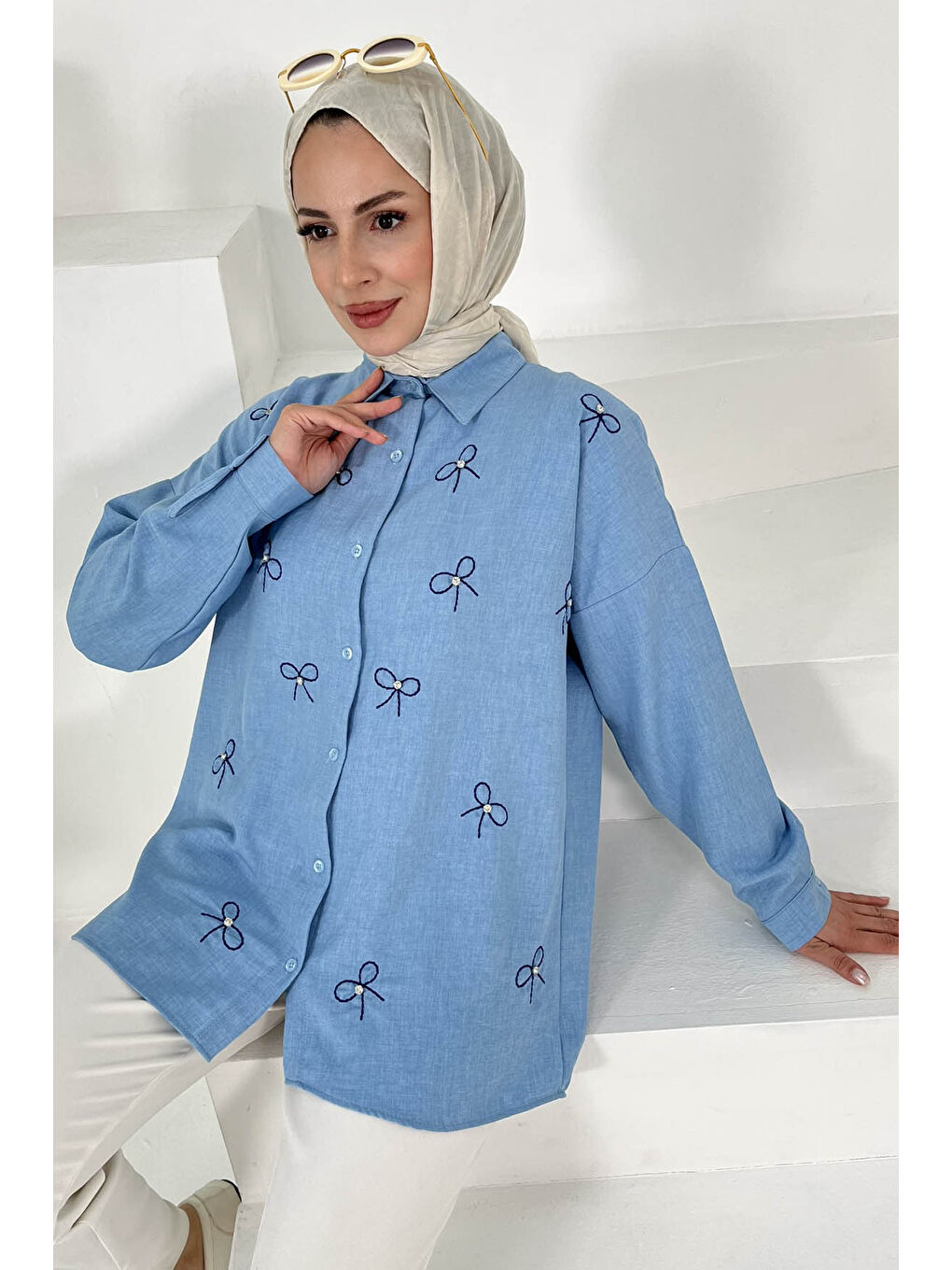 Fiyonk Nakışlı Tunik Mavi - 27035