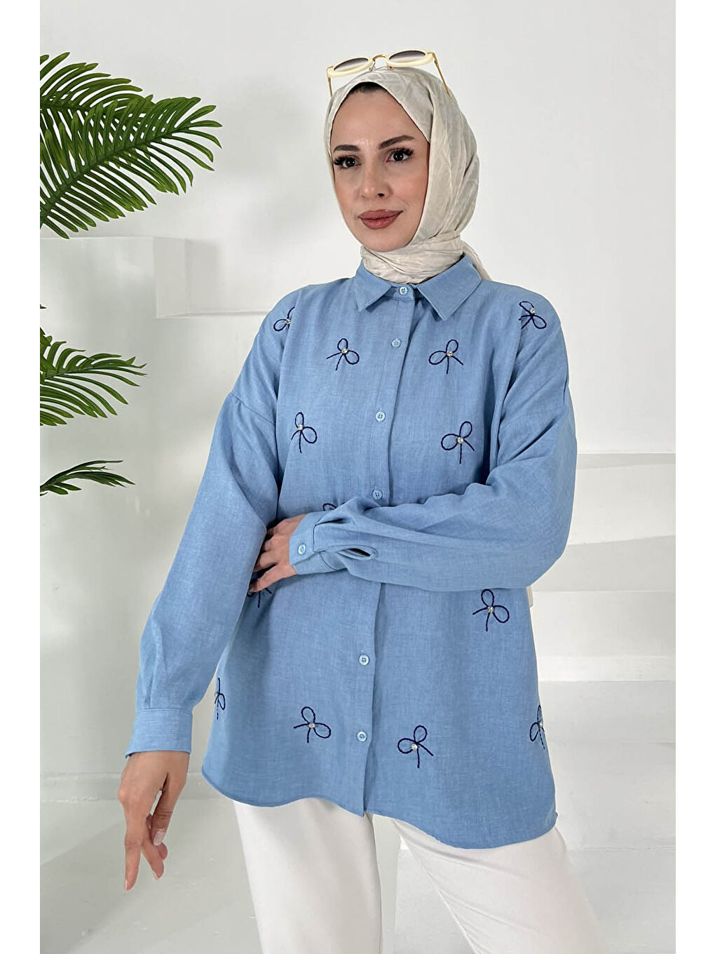 Fiyonk Nakışlı Tunik Mavi - 27035-1