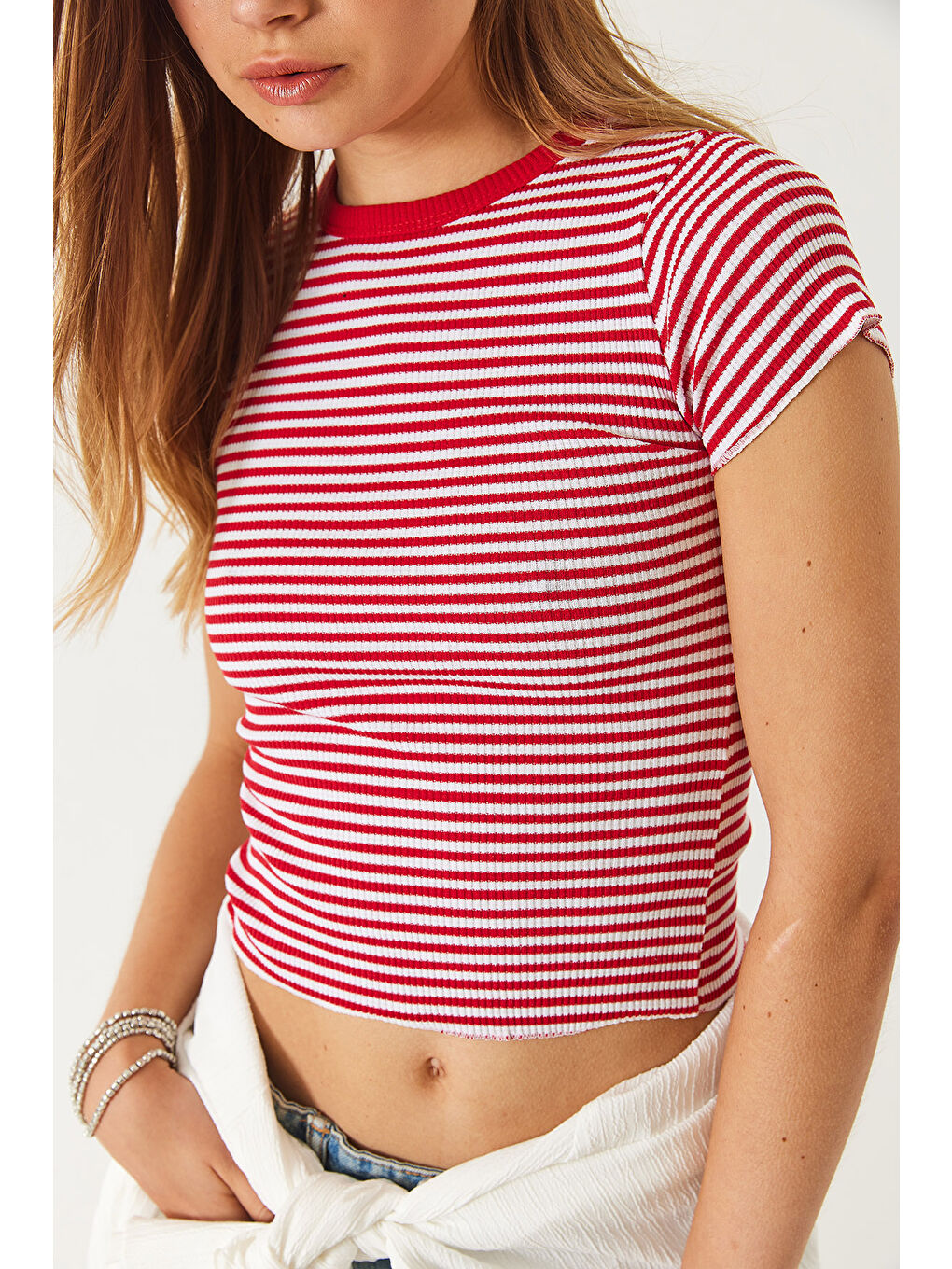 Kırmızı Kadın Çizgili Fitilli Kaşkorse Basic T-Shirt-6