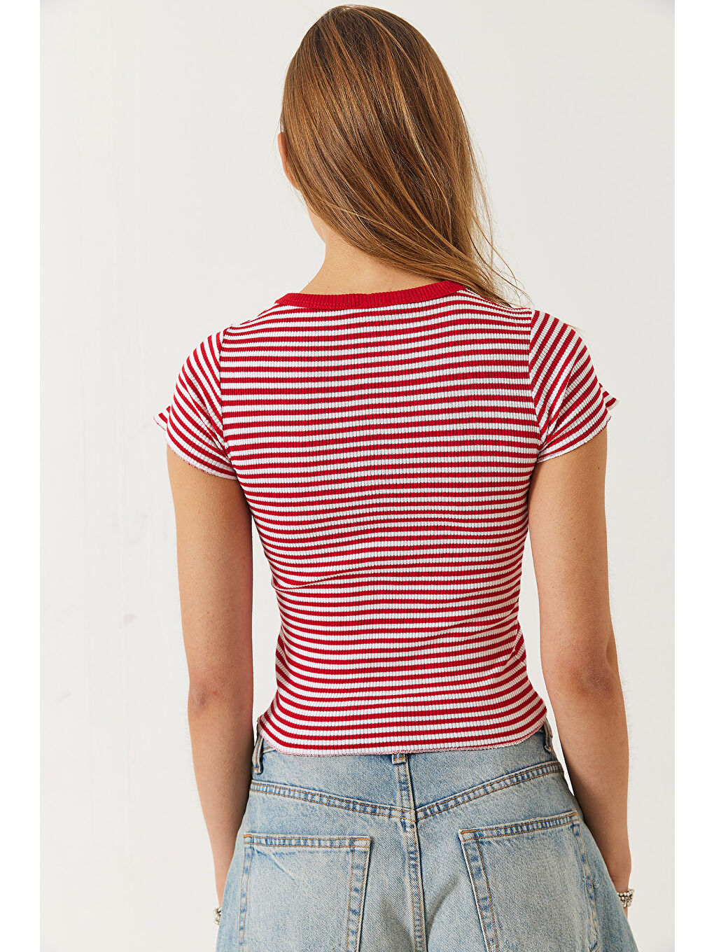 Kırmızı Kadın Çizgili Fitilli Kaşkorse Basic T-Shirt-7