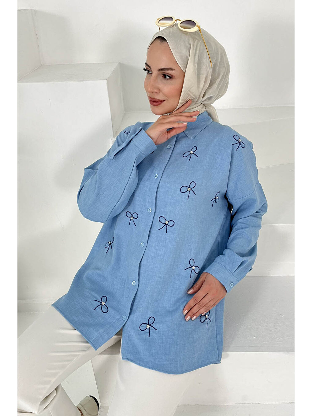 Fiyonk Nakışlı Tunik Mavi - 27035-2