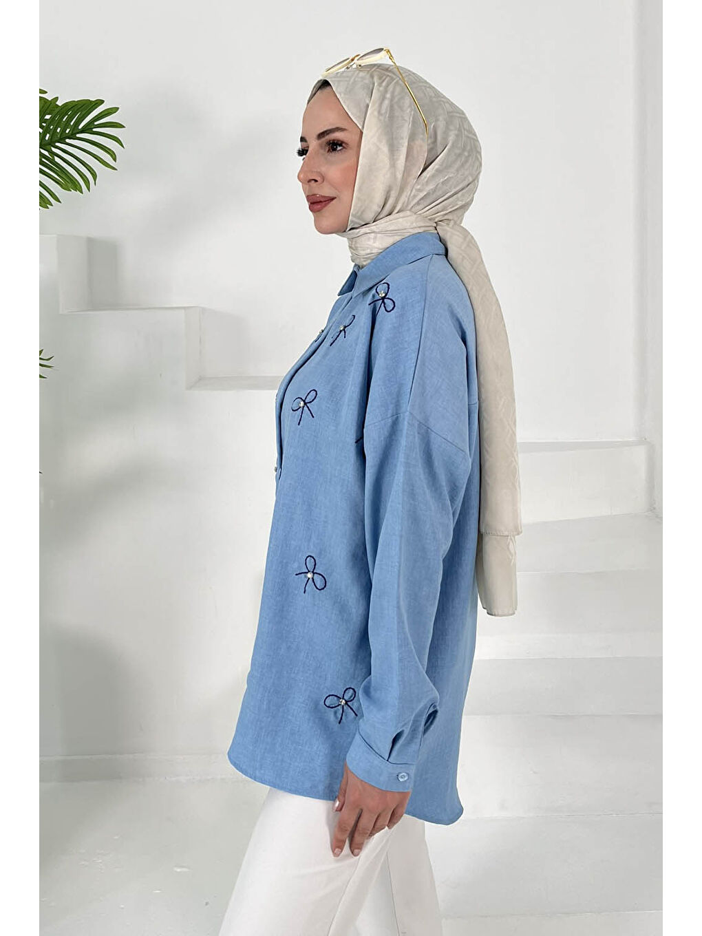 Fiyonk Nakışlı Tunik Mavi - 27035-3