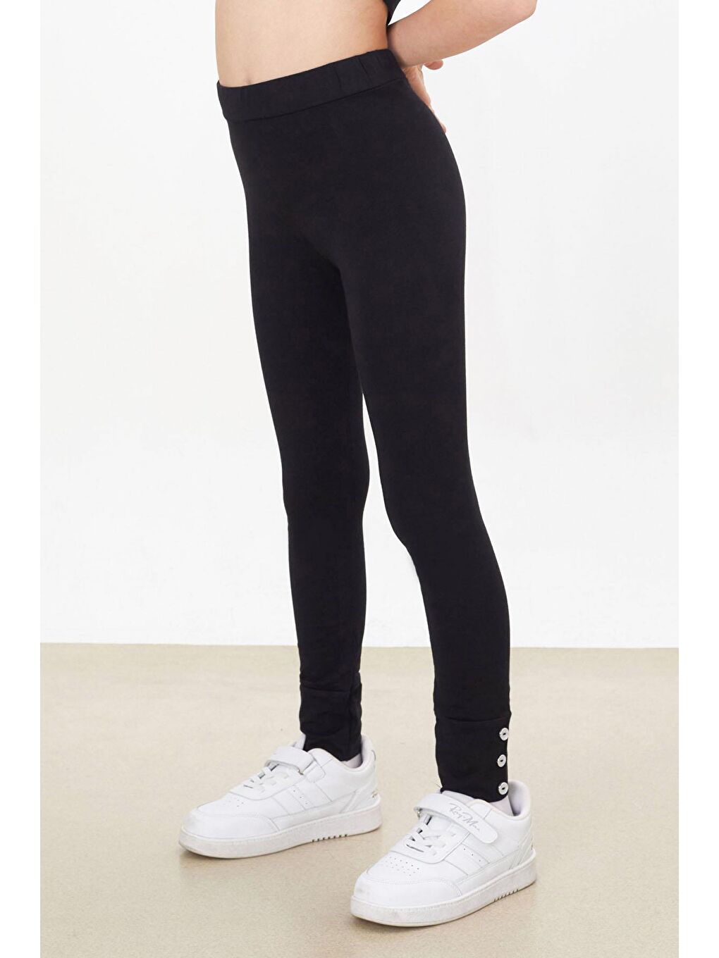 Kız Çocuk Paçası Düğme Detaylı 2'li Düz Tayt Siyah-Krem-3