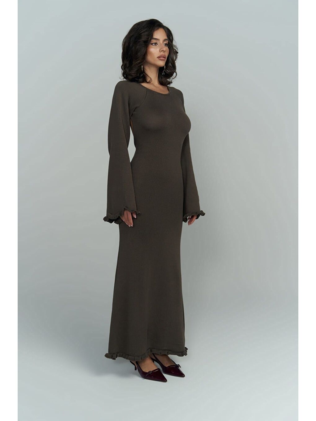 Kahverengi Angela Sırt Dekolteli Kahve Triko Elbise-2