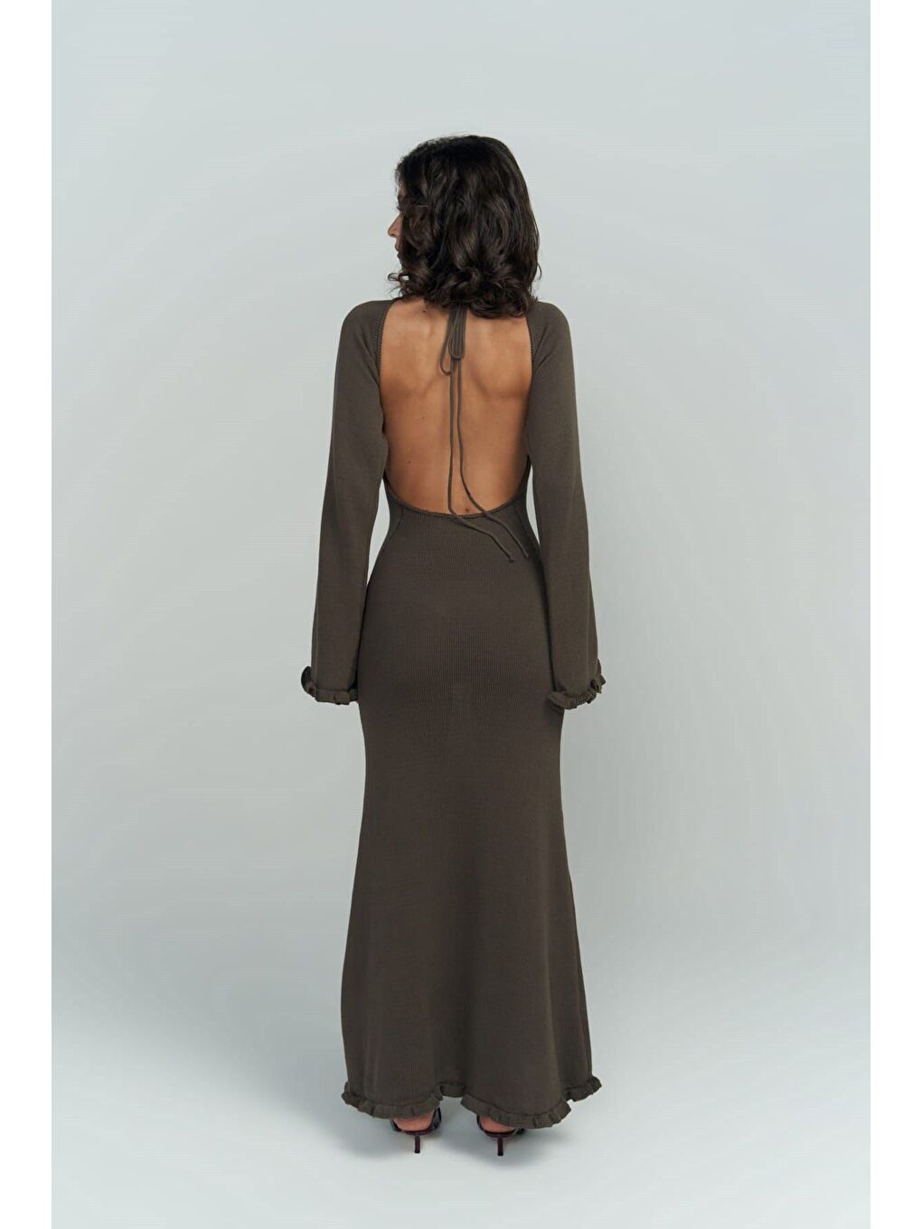 Kahverengi Angela Sırt Dekolteli Kahve Triko Elbise-3