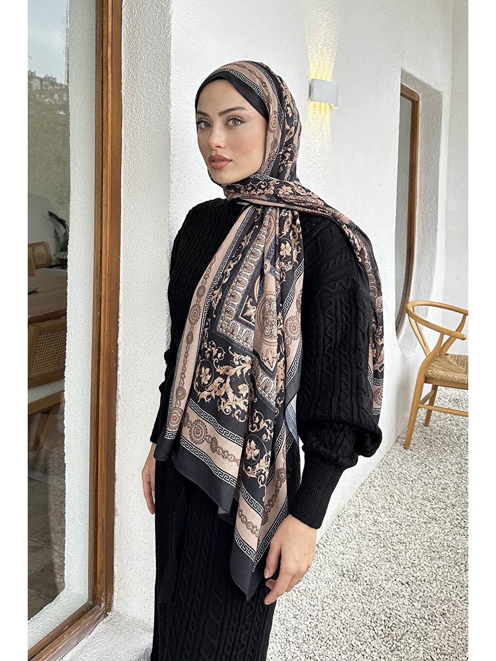 Versa Desen Pamuk Şal Siyah Vizon-1