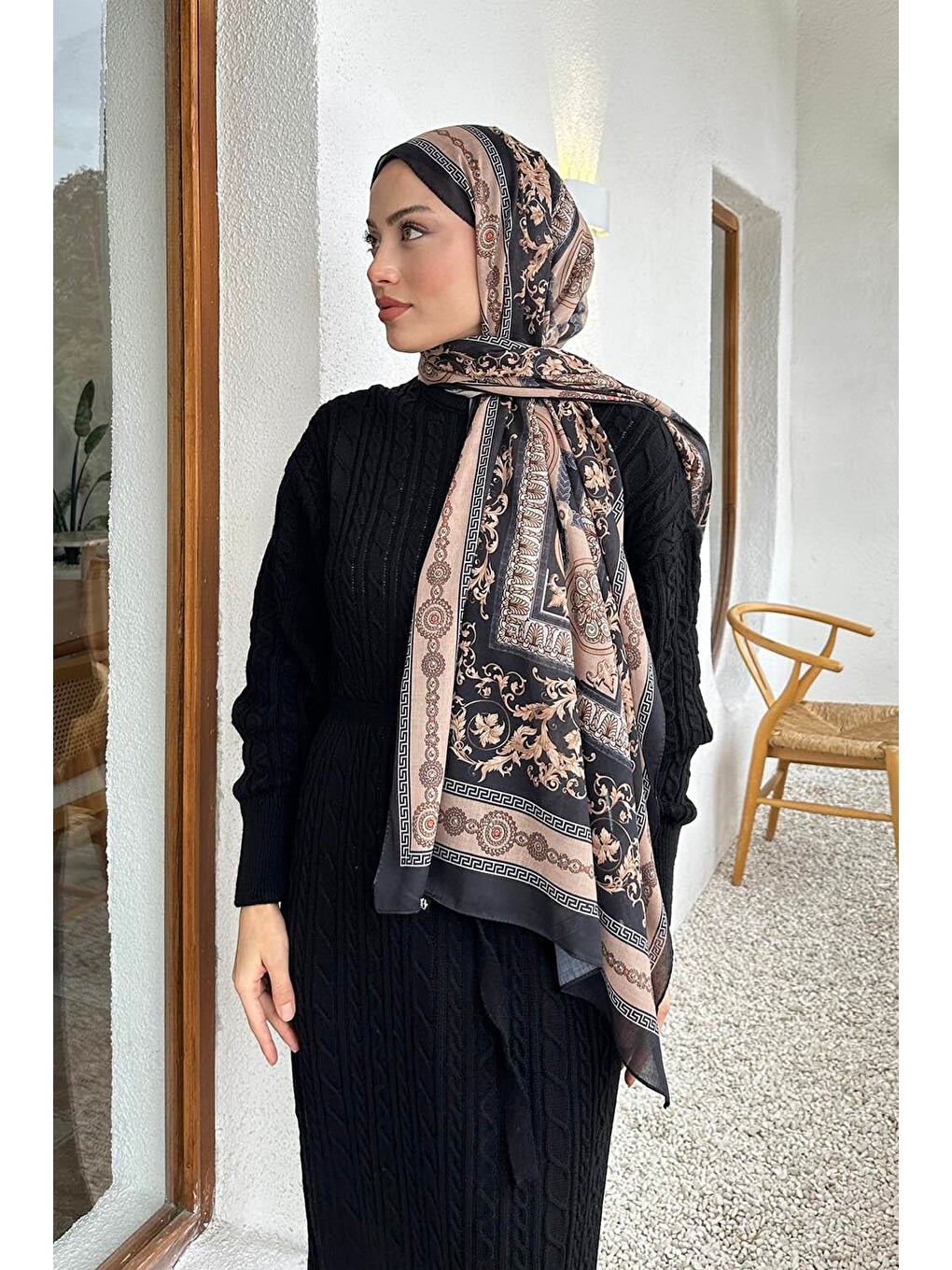 Versa Desen Pamuk Şal Siyah Vizon-2