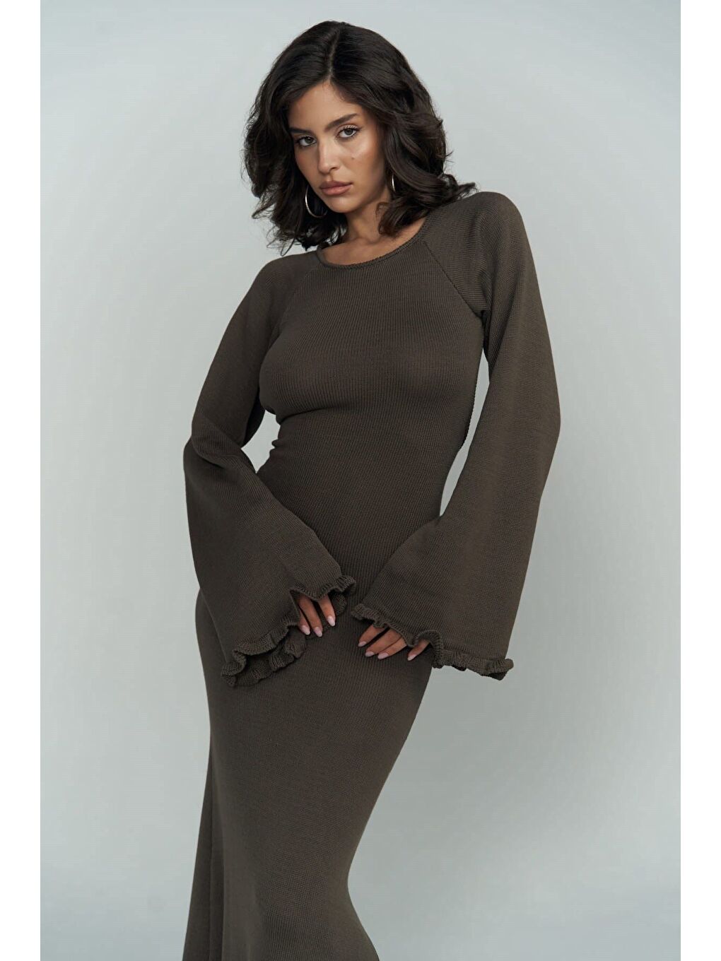 Kahverengi Angela Sırt Dekolteli Kahve Triko Elbise-7