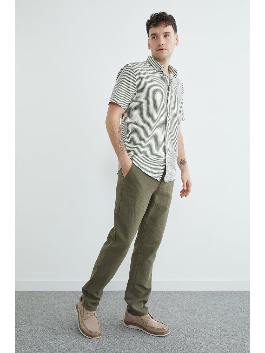 Haki Beli Lastikli Müslin Kumaş Pantolon-2