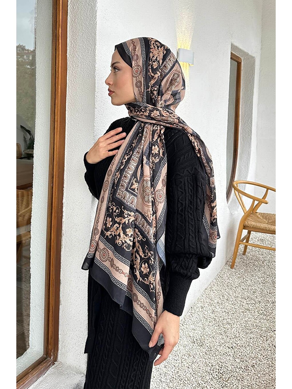 Versa Desen Pamuk Şal Siyah Vizon-3