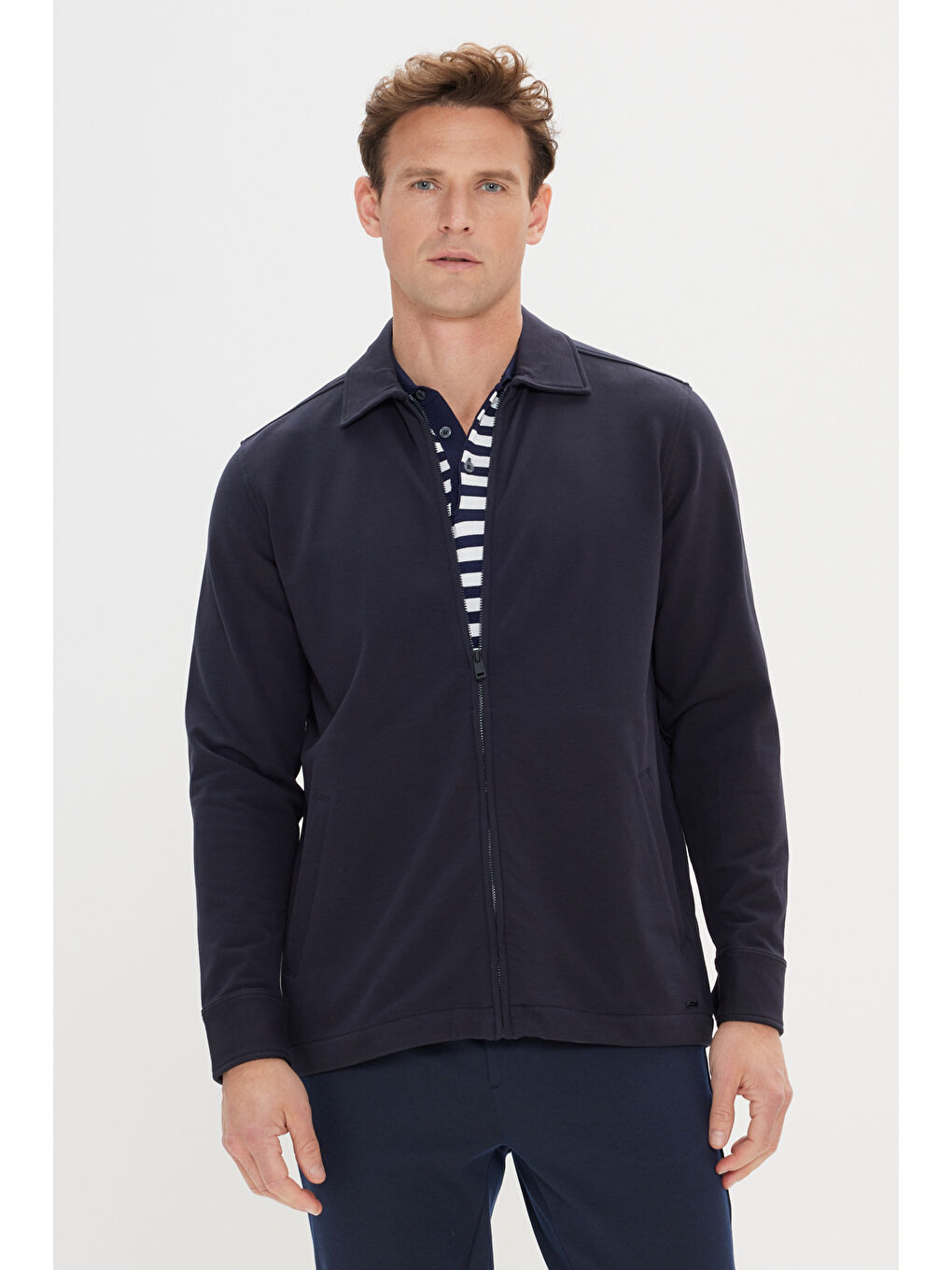 Erkek Lacivert Standart Fit Normal Kesim Gömlek Yaka Pamuklu Esnek Mont-2