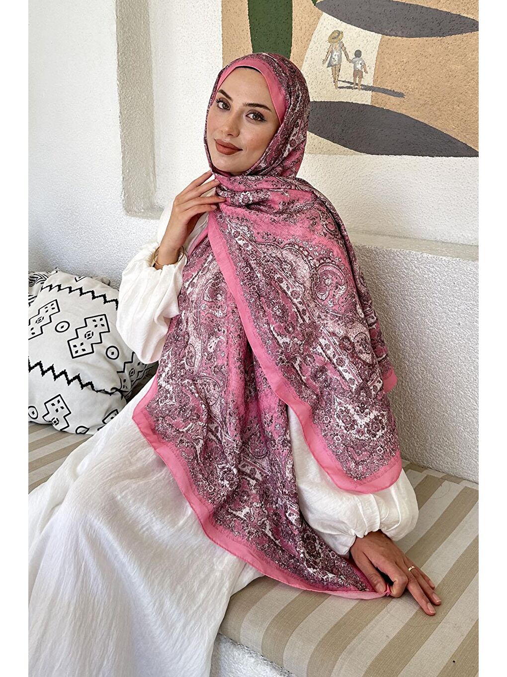 Retro Desen Soft Şal Şeker Pembesi