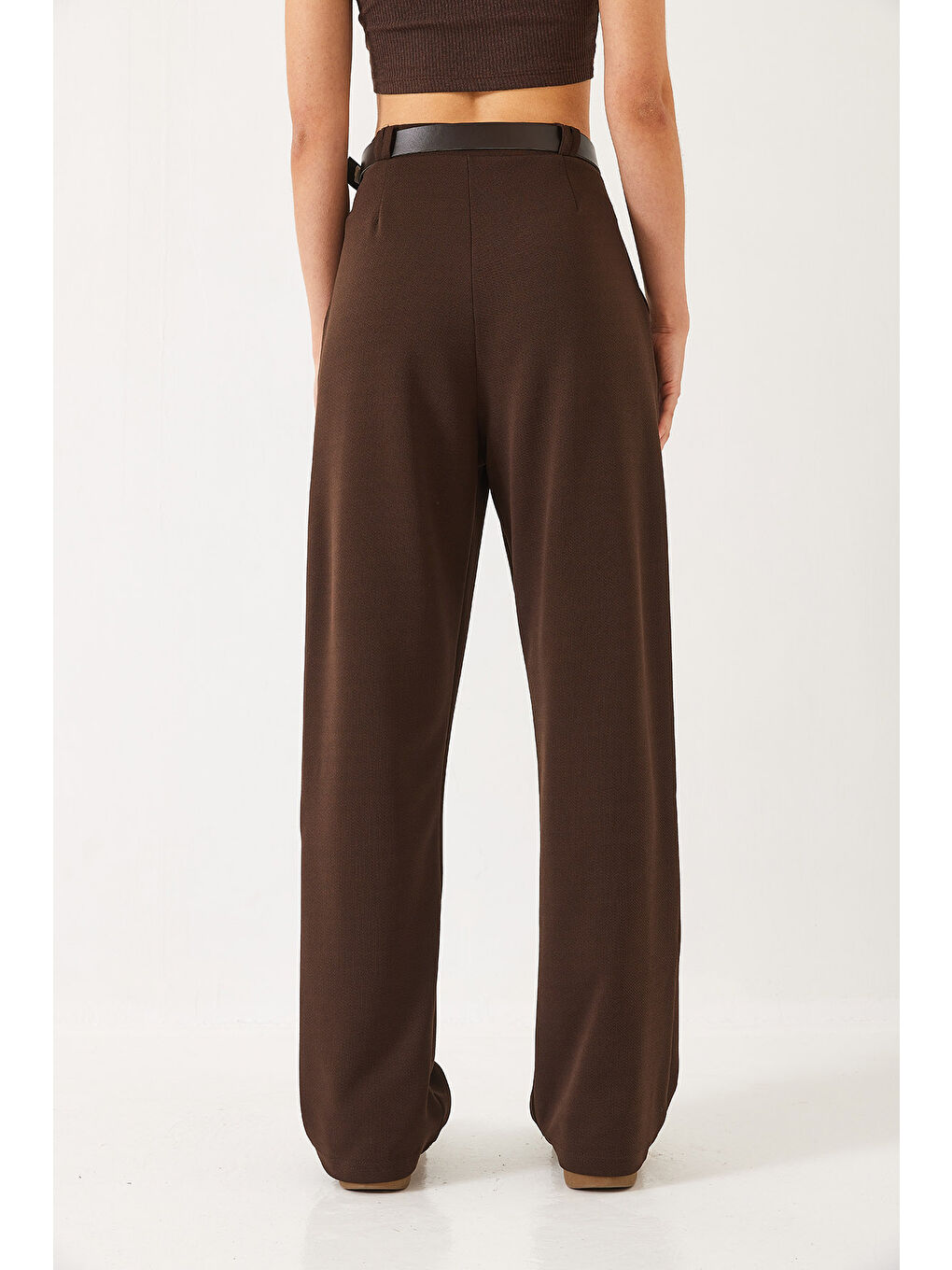 Kahverengi Kadın Çift Pile Detaylı Kemerli Örme Pantolon-6