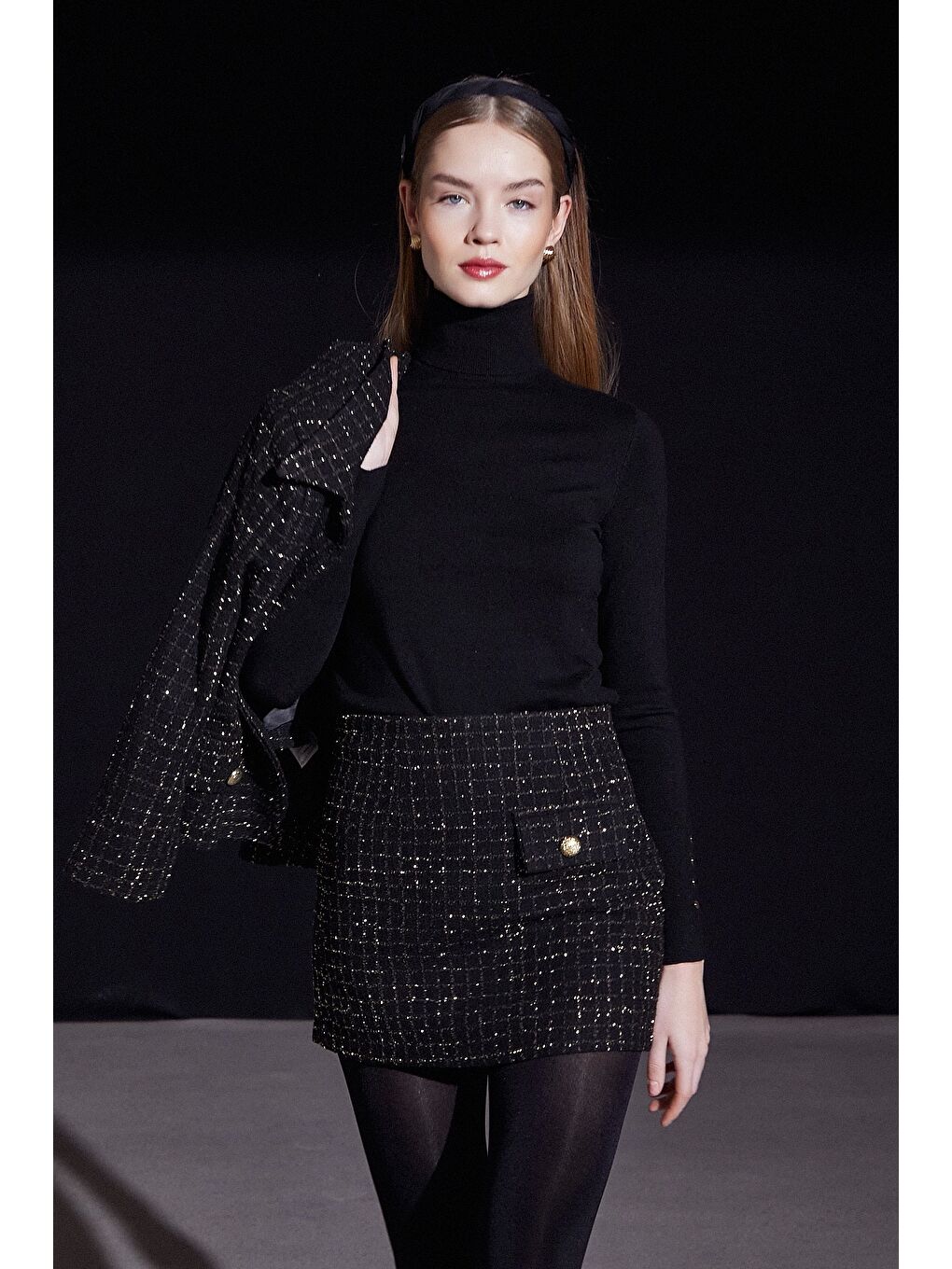 Cep Kapaklı Simli Etek Siyah