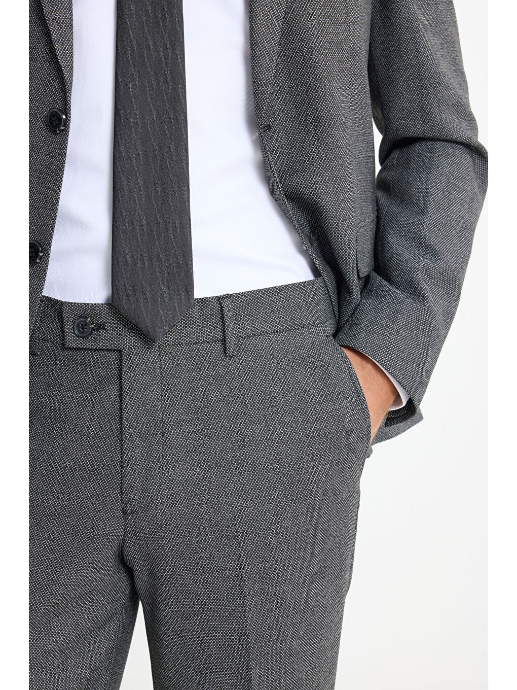 Erkek Siyah-Gri Slim Fit Dar Kesim Mono Yaka Kuş Gözü Desenli Çift Pantolonlu Takım Elbise-7