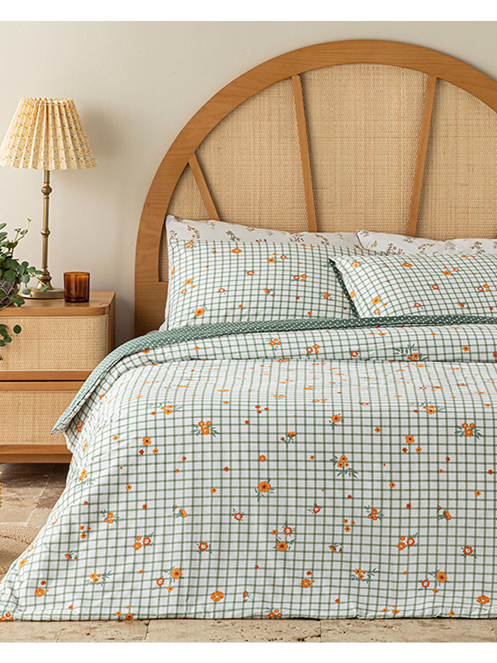 Bloom Check Pamuklu Ranforce Çift Kişilik Nevresim Takımı 200x220 cm Yeşil