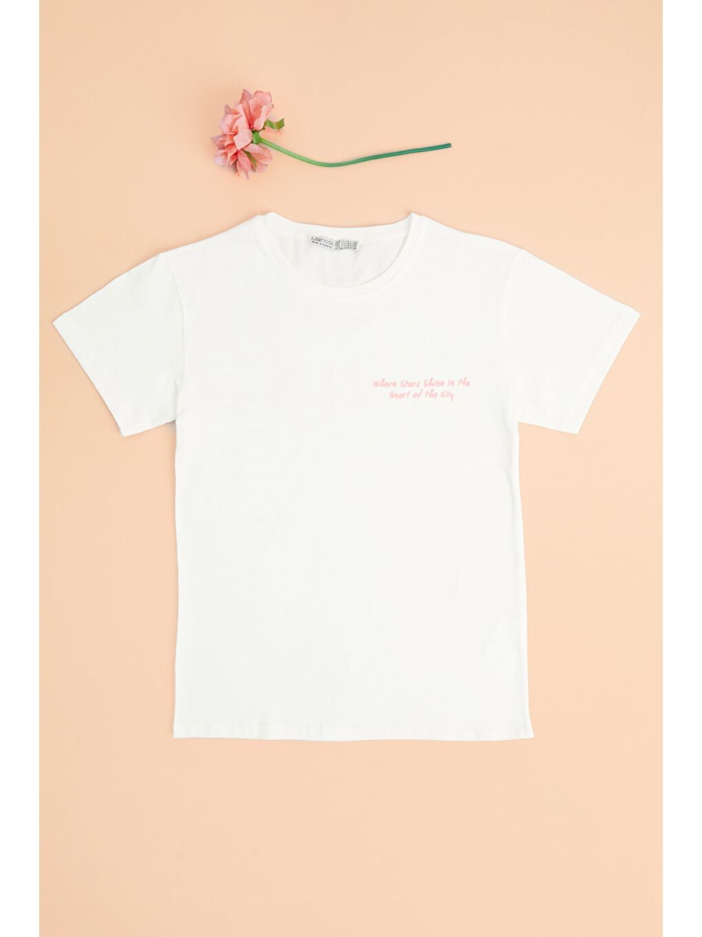 Ekru California Baskılı Bisiklet Yaka Kız Çocuk Tişört